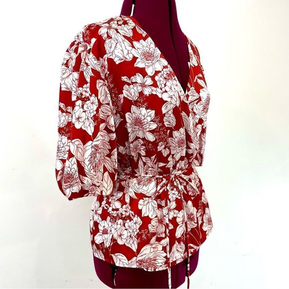 Rebecca Minkoff Red White Mary Floral-Print Wrap Top Wrap Blouse Puff sleeves M - Picture 2 of 12